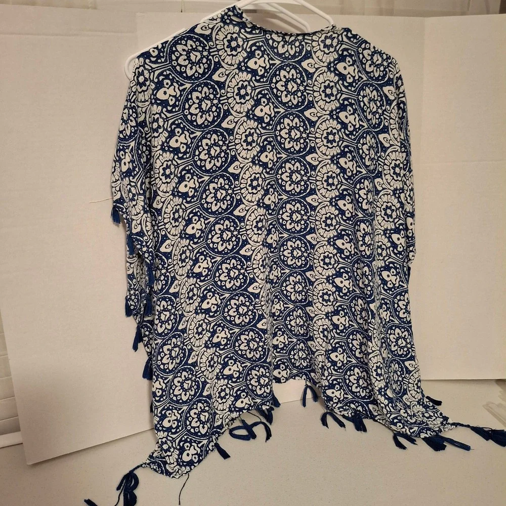 Blue White Floral Tassel Kimono Open Front‎ Lightweight Bohemian One Size